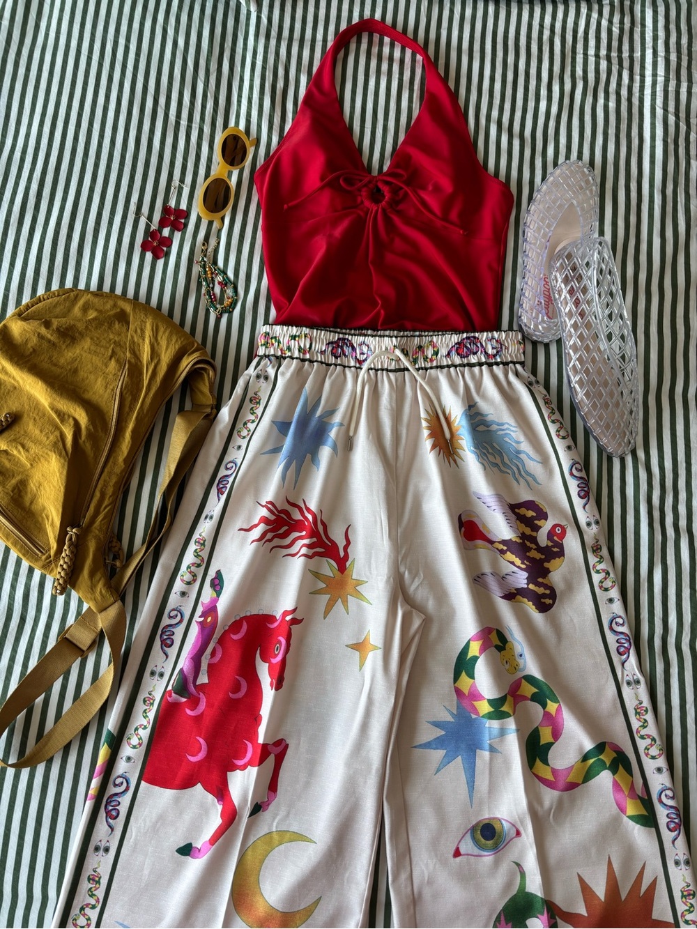 likemychoice Cream Pants with Multicolor Celestial & Animal Motifs
